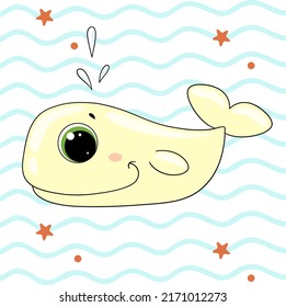 Cute cartoon children's character white whale with a fountain of spray. Beluga. A resident of the seas and oceans. Underwater world. Marine animals. Vector illustration