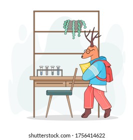 Cute cartoon children's illustration. Animal student. Deer with backpack holding notes, paper in paws standing in chemical cabinet. Case with plant in pot, test tubes at stand. Chemistry lesson