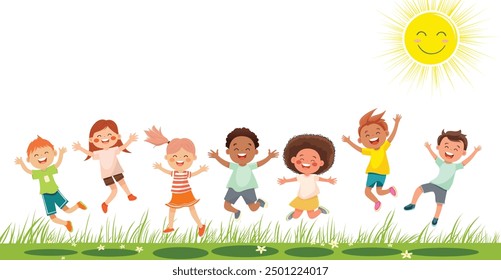 Cute cartoon children's illustration of a group of multiracial children jumping and playing on the grass on a sunny day with a white background. Copy space for text.