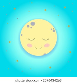 Cute cartoon children's illustration on  gradient background. Moon is smile, her eyes are closed. Around star. Night sky, sleep, dreams. Blue, yellow, gray, pink color.