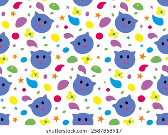 Cute cartoon children's seamless pattern. Composition consists of  blue cat's head and multicolored spots and shapes. Bright cheerful colors: yellow, orange, red, green, purple, blue.