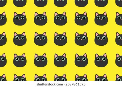 Cute cartoon children's seamless pattern. Composition consists of the head of  black cat with large green eyes. Bright warm yellow background. Spring mood. One repeating element.  Pretty pet.