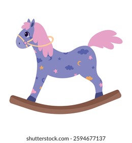 cute cartoon children's toy rocking horse, with pink tail and mane, with night coloring of clouds and crescent moons