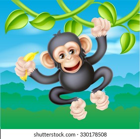 A cute cartoon chimp primate, similar in appearance to a monkey, character swinging from vines in the trees of a jungle. Holding a banana