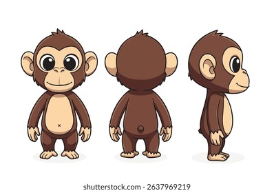 Cute Cartoon Chimpanzee Character Set - Front, Back, and Side View for Animation and Mascot. Vector illustraton