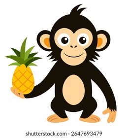 Cute cartoon chimpanzee monkey holding a pineapple. Playful jungle animal with big eyes and smile.Perfect for kids books, educational materials or tropical themed designs .Front view. Isolated vector