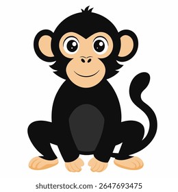 Cute cartoon chimpanzee monkey sitting. Playful jungle animal with big eyes and smile.Perfect for kids books, educational materials or tropical themed designs.Front view. Isolated vector illustration