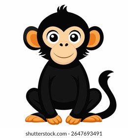 Cute cartoon chimpanzee monkey sitting. Playful jungle animal with big eyes and smile.Perfect for kids books, educational materials or tropical themed designs.Front view. Isolated vector illustration