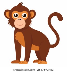 Bonito macaco-chimpanzé de pé. Brincalhão animal da selva com olhos grandes e sorriso. Perfeito para livros infantis ou projetos temáticos tropicais. Vista frontal. Ilustração isolada de vetor no plano de fundo branco