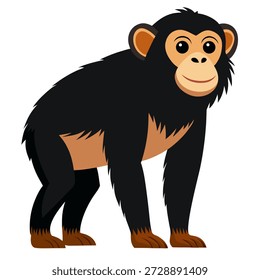 Mono chimpancé lindo de la historieta de pie. Juguetón animal de la selva con grandes ojos y sonrisa. Perfecto para libros para niños o diseños de temática tropical. Vista lateral. Ilustración vectorial aislada