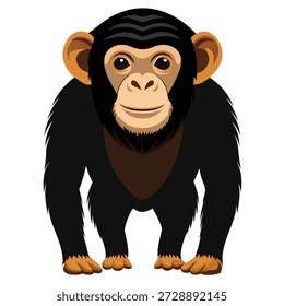 Mono chimpancé lindo de la historieta de pie. Juguetón animal de la selva con grandes ojos y sonrisa. Perfecto para libros para niños o diseños de temática tropical. Vista frontal. Ilustración vectorial aislada