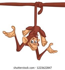 Cute cartoon chimpanzee monskey hang down the tree. Vector illustration in cartoon style. Outlined