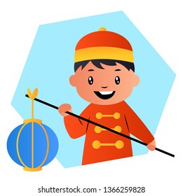 Cute cartoon chinese boy vector illustartion on background