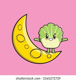 Cute cartoon Chinese cabbage character standing on the crescent moon in 3d modern design