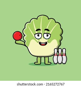 Cute cartoon chinese cabbage character playing bowling in 3d modern style design