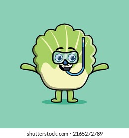 Cute cartoon chinese cabbage diver with swimming glass in 3d modern style design