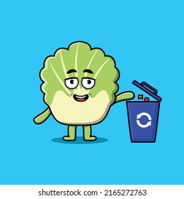 Cute cartoon chinese cabbage throwing trash in the trash in 3d modern style design