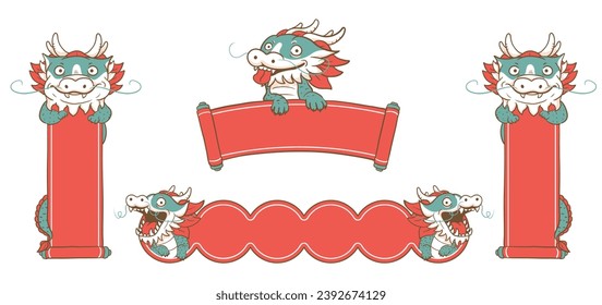 Cute Cartoon Chinese Dragon Holding Red scroll banner for Chinese New Year Celebration - 2024 Vector Illustration. Year of the Dragon, Suitable for Card or Banner