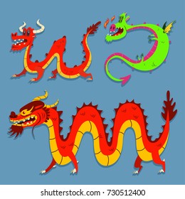 Cute cartoon Chinese dragons set. Vector flat fairy animals character isolated on background.