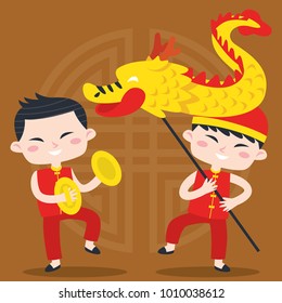 Cute cartoon Chinese kid illustration. Chinese greeting card template.
