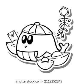 Cute cartoon Chinese New Year Whale Monochrome. Doodle on white silhouette and gray shadow. Vector illustration about aquatic animals for any design.