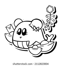 Cute cartoon Chinese New Year Whale Girl Monochrome. Doodle on white silhouette and gray shadow. Vector illustration about aquatic animals for any design.