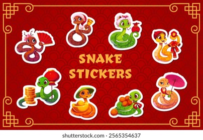 Cute cartoon Chinese new year snakes stickers pack with playful reptiles hold red money envelopes, gold coins, fans, lanterns, and mandarins, celebrate joy, prosperity, and traditional cultural events