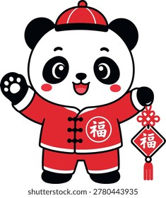 Cute Cartoon Chinese Panda Bear Wearing Traditional Red Costume Holding Fortune Tag Vector Illustration on White Background