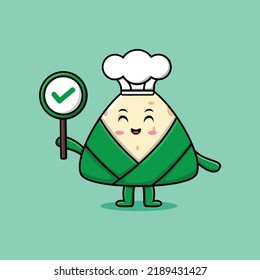 Cute cartoon chinese rice dumpling chef character holding correct sign board in vector illustration