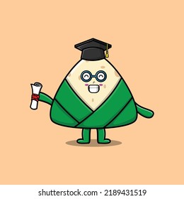Cute cartoon chinese rice dumpling student character on graduation day with toga
