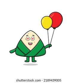 Cute cartoon chinese rice dumpling floating with balloon cartoon vector illustration