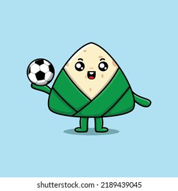 Cute cartoon chinese rice dumpling character playing football in flat cartoon style illustration