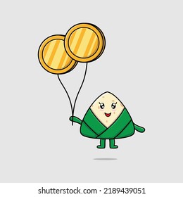 Cute cartoon chinese rice dumpling businessman floating with gold coin balloon cartoon vector