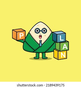 Cute cartoon chinese rice dumpling businessman stacking plan box in flat modern style design