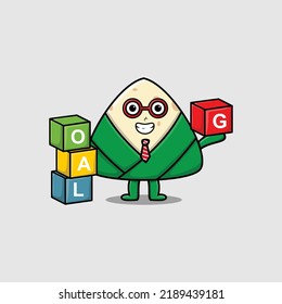 Cute cartoon chinese rice dumpling businessman stacking goal box in flat modern style design