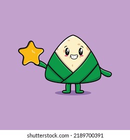 Cute cartoon chinese rice dumpling character holding big golden star in cute modern style design