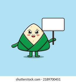 Cute cartoon chinese rice dumpling character holding blank board in cartoon style illustration