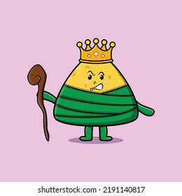Cute cartoon chinese rice dumpling mascot as wise king with golden crown and wooden stick