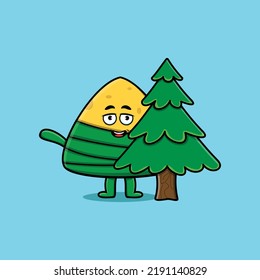 Cute cartoon Chinese rice dumpling character hiding tree in flat modern design