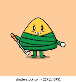 Cute cartoon chinese rice dumpling character playing golf in concept flat cartoon style