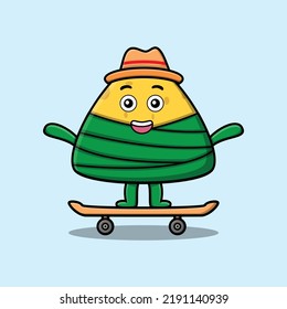 cute cartoon chinese rice dumpling standing on skateboard with cartoon vector illustration style