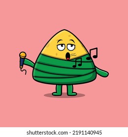 Cute cartoon chinese rice dumpling singer character holding mic in flat modern style design