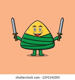 Cute cartoon Chinese rice dumpling character holding two sword in flat modern design