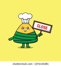 Cute cartoon chinese rice dumpling chef character holding close sign board designs