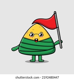 Cute cartoon Chinese rice dumpling character holding triangle flag in flat modern design