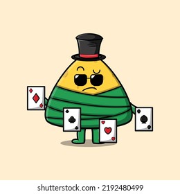 Cute cartoon chinese rice dumpling magician character playing magic cards in flat cartoon style