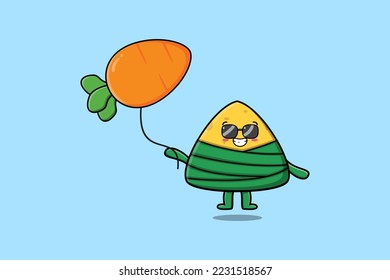 Cute cartoon Chinese rice dumpling floating with carrot balloon in cartoon vector icon illustration