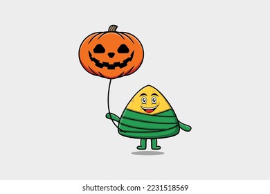 Cute cartoon Chinese rice dumpling floating with pumpkin halloween balloon in flat cartoon icon