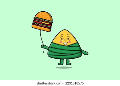 Cute cartoon Chinese rice dumpling floating with burger balloon in flat vector icon illustration