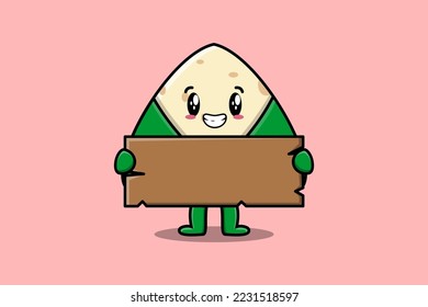 Cute cartoon Chinese rice dumpling character holding blank wooden text board vector illustration